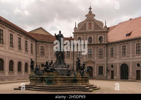 23 May 2019 Munich, Germany - Octagonal courtyard of Munich Residenz, also called Fountain Courtyard (Brunnenhof) and Antiquarium building Stock Photo