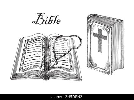 open bible with cross drawing