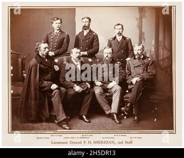 Lieutenant General Philip Henry Sheridan and his staff: George Armstrong Custer, George A Forsyth, Morris Joseph Asch, Nelson B Sweitzer, Michael Vincent Sheridan, and James Forsyth, group military portrait photograph by Captain Jonathan Lee Knight, 1872 Stock Photo