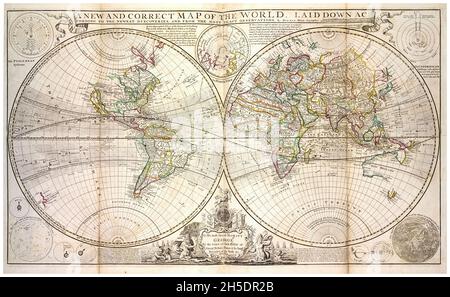 18th Century vintage World Map by Herman Moll, circa 1736 Stock