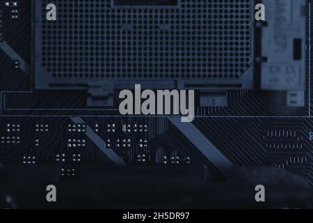 Close up of modern computer processor. Abstract digital data background. Electronic computer hardware technology. Stock Photo