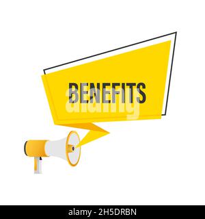 Hand Holding Megaphone with Benefits. Megaphone banner Stock Vector