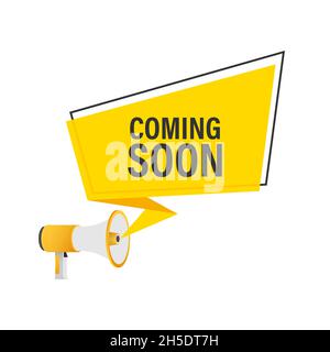 Megaphone label with coming soon. Neon style. Megaphone banner. Web design. Vector stock illustration Stock Vector