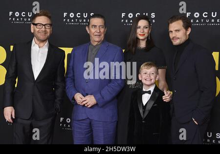 Los Angeles, United States. 09th Nov, 2021. Director and writer Kenneth Branagh (L) joins cast members Claran Hinds, Caitriona Balfe, Jude Hill and Jamie Dornan (L-R) for a photo-op on the red carpet during the premiere of the motion picture drama 'Belfast' at the Academy Museum of Motion Pictures in Los Angeles on Monday, November 8, 2021. Storyline: A young boy and his working class family experience the tumultuous late 1960s. This is a true story from Kenneth Branagh's childhood. Photo by Jim Ruymen/UPI Credit: UPI/Alamy Live News Stock Photo