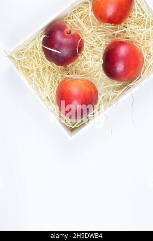 Vertical closeup shot of four nectarines in a box with straw on a white background Stock Photo