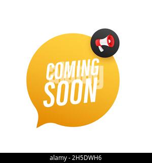 Megaphone label with coming soon. Neon style. Megaphone banner. Web design. Vector stock illustration Stock Vector