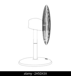 Outline of a tabletop cooling fan from black lines isolated on a white background. Side view. Vector illustration Stock Vector