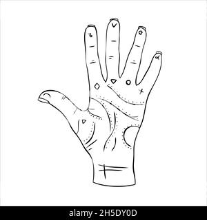 Hand reading is a concept of palmistry. Hand with signs vector illustration. Stock Vector