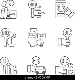Types of auctions linear icons set Stock Vector
