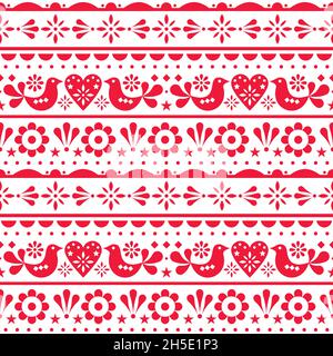 Scandinavian style folk red seamless vector pattern with hearts, birds and flowers Stock Vector