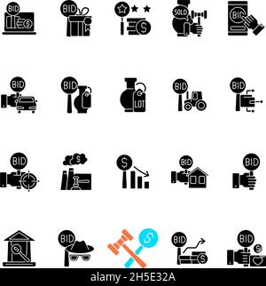 Auction black glyph icons set on white space Stock Vector