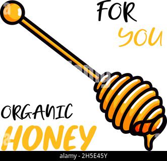 Wooden honey dipper, sketch doodle style vector illustration of honey spoon isolated on white background. Transparent liquid golden colored honey dripping icon Stock Vector