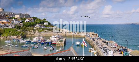 A panoramic image of the historic picturesque working Newquay Harbour in Newquay on the North Cornwall coast. Stock Photo
