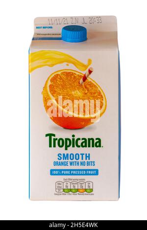 Carton of Tropicana smooth orange with no bits juice drink 100% pure pressed fruit isolated on white background Stock Photo