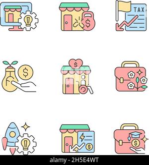 Small business development support RGB color icons set Stock Vector