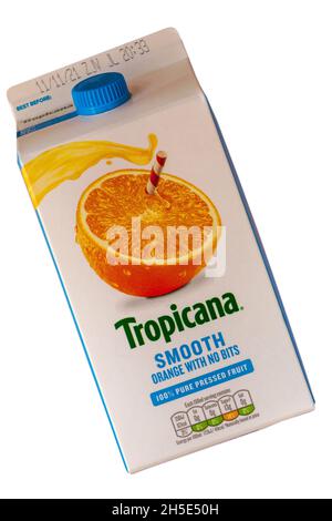 Carton of Tropicana smooth orange with no bits juice drink 100% pure pressed fruit isolated on white background Stock Photo
