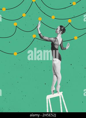 Contemporarty art collage of tender ballerina making decorations with lights isolated over green background. Christmas and New Year concept Stock Photo