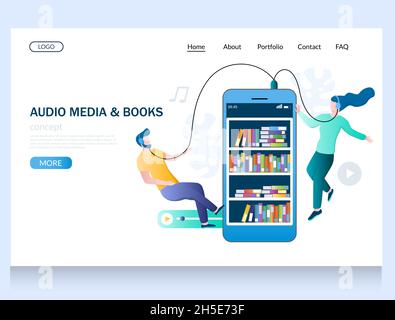 Audio media and books vector website landing page design template Stock Vector