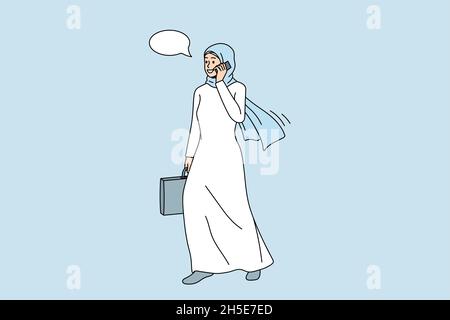 Smiling muslim businesswoman in traditional clothes talk on cellphone with client. Happy Islamic woman worker have business smartphone call. Technology, culture concept. Vector illustration.  Stock Vector