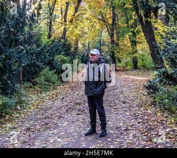Humboldthain Park, Mitte, Berlin, Elderly man walks in park under Golden Autumn trees Stock Photo