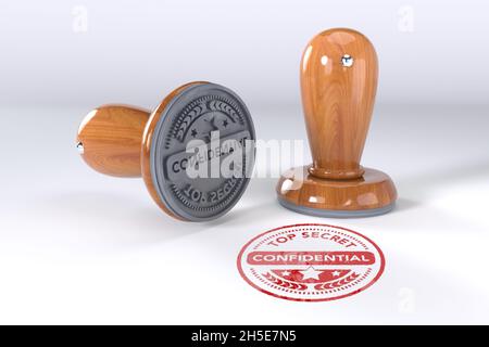 Confidential stamp. Wooden round stamper and stamp with text Certified on white background. 3d illustration. rubber stamp. Stock Photo