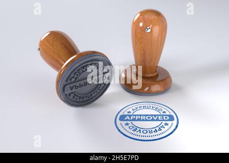 Approved stamp. Wooden round stamper and stamp with text Certified on white background. 3d illustration. rubber stamp. Stock Photo