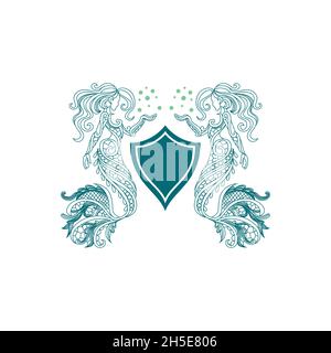 vector design. logo created from two mermaid with the shield logo. Stock Vector