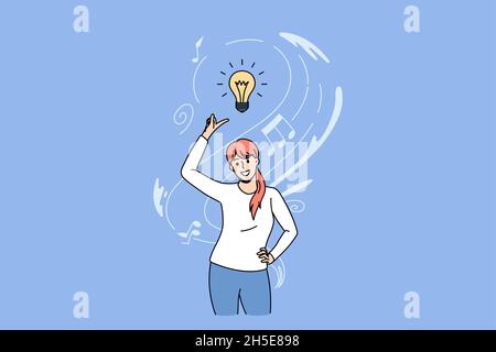 Smiling woman think brainstorm over creative idea or plan. Happy girl generate thoughts, engaged in finding solution. Creativity and innovation, problem solved concept. Flat vector illustration. Stock Vector