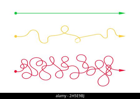 Straight and curved chaotic lines from start to finish points. Expectation and reality, easy and hard way concept. Different plans or life scenario symbols. Simple vector flat illustration. Stock Vector