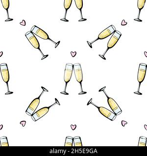 Glasses of champagne seamless doodle pattern. Cheers vector illustration on white background. Valentines day greeting card, anniversary celebration poster Stock Vector