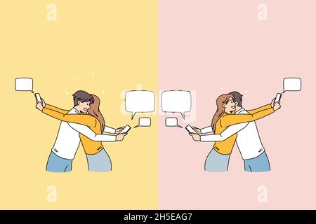 Couple hug text message on cellphone cheating online. Man and woman lovers embrace have communication on internet on smartphone. Social media, relations. Flat vector illustration.  Stock Vector
