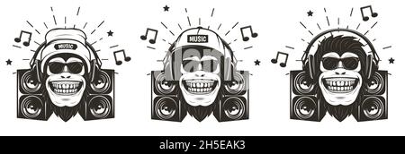 Funny music monkey set, vector hand drawn illustration Stock Vector