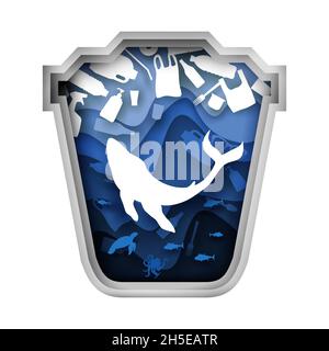 Blue trash can with whale and plastic garbage, vector paper cut illustration Stock Vector