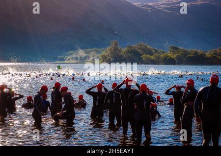 Glenridding, United Kingdom - 4th September 2011: Athletes prepare to start the open water swim at the Helvellyn Triathlon Stock Photo