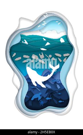Marine pollution, vector illustration in paper art style Stock Vector
