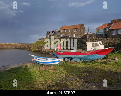 Craster village harbour and fishing boats on the Northumberland coast in summer northern England UK - fishing village Stock Photo
