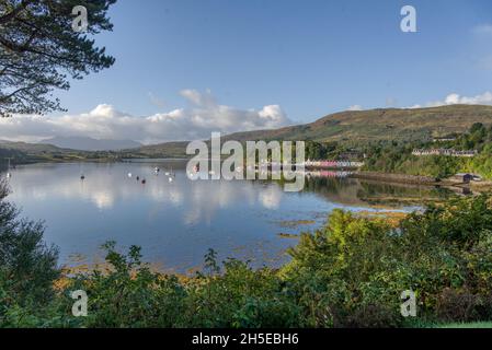 Portree, Isle of Skye, Scotland - 29th September 2021: A view of the harbour at Portree Stock Photo