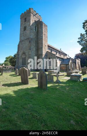 Church tower Ripley, view in summer of the west tower of All Saints Church in the North Yorkshire village of Ripley, England, UK Stock Photo
