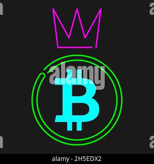 Bitcoin with crown neon symblol - Cryptocurrency winner concept, cyan, magenta, green line colors Stock Vector