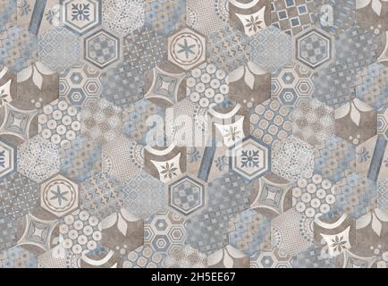 modern Patchwork tiles. Portuguese and Spain decor. Hexagon pattern. Stock Photo