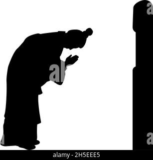 Silhouette of man worshiping ancestor grave. Tomb Sweeping Day or the Qingming or Ching Ming festival. Stock Vector