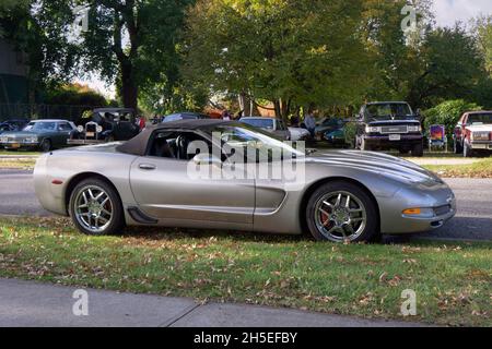 A silver 2002 Corvette convertible parked outside the Bayside Historical Society in Queens at a vintage car show. Stock Photo