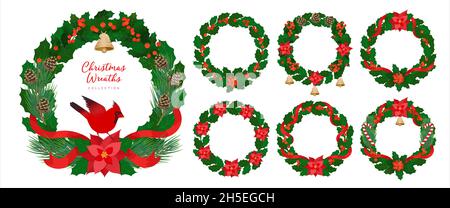 Christmas ornamental wreaths set in traditional vintage style. Vector green decorative holly wreaths with ornaments. Round frames for Christmas cards Stock Vector