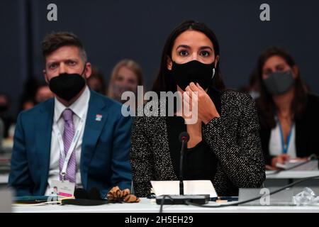 Alexandria Ocasio-Cortez attends the Cop26 summit at the Scottish Event Campus (SEC) in Glasgow for the opening of the Gender Day event. Picture date: Tuesday November 9, 2021. Stock Photo