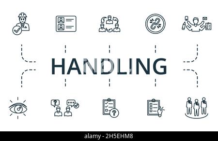 Handling icon set. Collection of simple elements such as the interaction, team characteristics, project status, multitasking, shared vision, respond Stock Vector