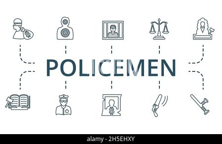Policemen icon set. Collection of simple elements such as the jail, police car, 13, wanted, metal detector, referee. Stock Vector