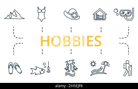 Hobbies icon set. Collection of simple elements such as the beach hat, tent, 13, palm trees, fishing, diving. Stock Vector