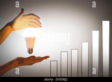 Hand holding light bulb.The concept of eco-energy, innovation. Growth chart with hands illuminated by LED light bulb. Stock Photo