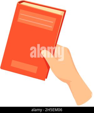 Boy holding book. Hand hold red paper children books from magazine, flat icon cartoon vector illustration isolated on white background Stock Vector