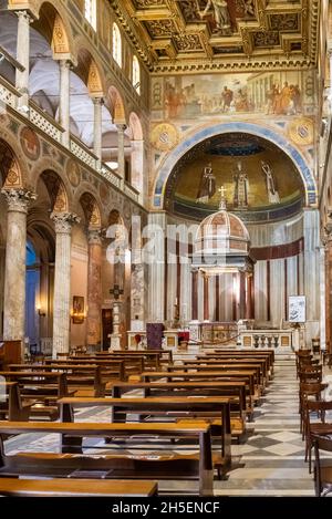 Interior view of beautiful catholic cathedral in Rome with altar decorated with medieval mosaic Stock Photo